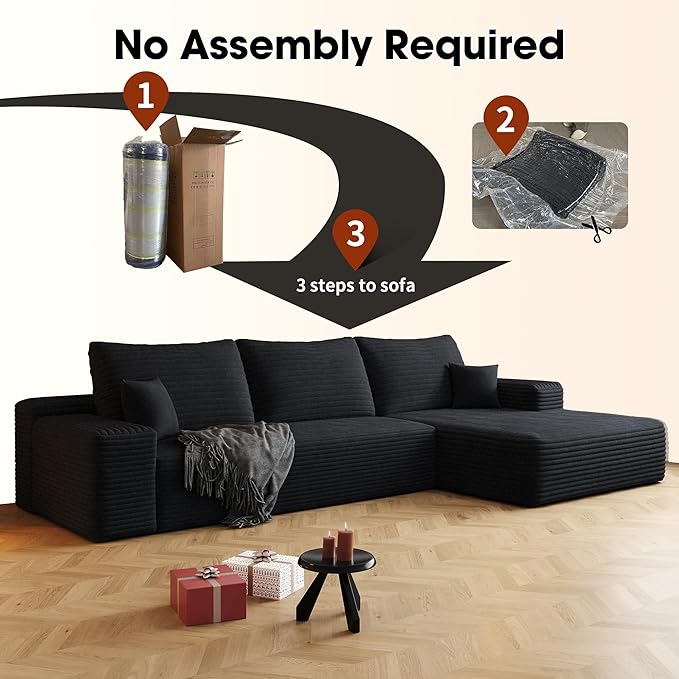 108" Sectional Couches for Living Room Cloud Couch Sofa with L-Shape Upholstered Boneless Couchs Modern Modular Sectional Couch with Chaise (Black, 108" Right Facing Chaise+2Seaters)