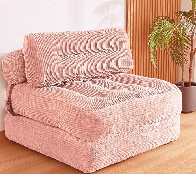Folding Sofa Bed, Convertible Sleeper Chair Couch Bed Faux Rabbit Fur for Adults, with Back Support Floor Couch Comfy Floor Sofa for Living Room Bedroom, Dusty Pink, Single