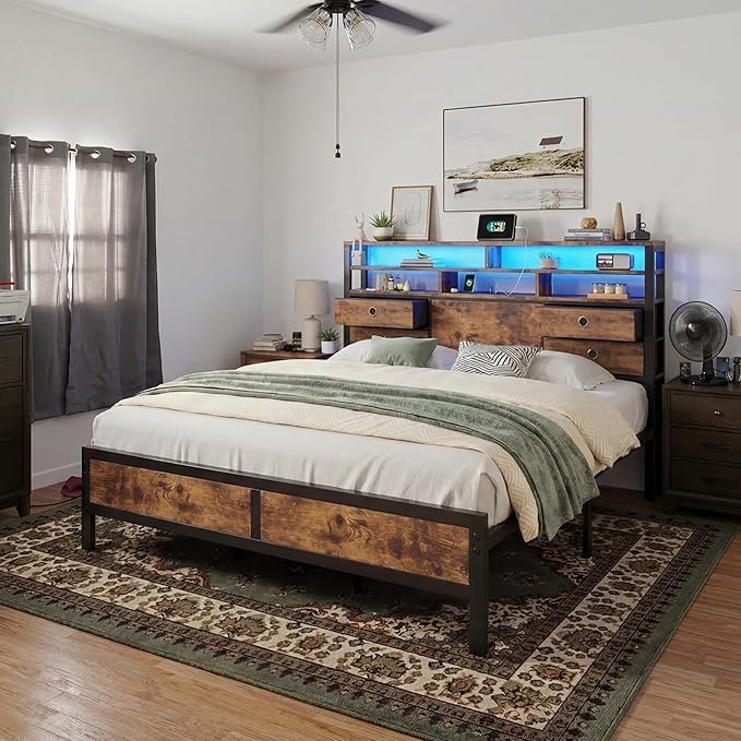 Homkdom Bed Frame Full with 2-Tier Storage Headboard and 4 Drawers,Metal Full Bed Frame with LED Lights & Charging Ports,13.6" Under Bed Storage,No Noise,for Apartment,Guest Room,Rustic Brown
