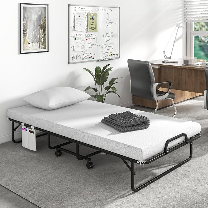 Giantex Folding Bed with Mattress and Top Pillow, Twin Size Portable Guest Beds w/Metal Frame, Storage Pocket, Space-Saving Rollaway Foldable Bed with Memory Foam Mattress for Adults, 75" x 39"