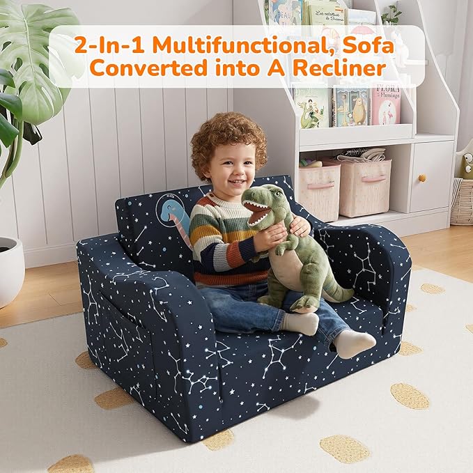 MeMoreCool Toddler Couch, 2-in-1 Kids Couch Fold Out to Lounger, Comfy Toddler Chair for 1-3 Year Old, Soft Foam Kids Sofa with Washable Cover and Side Pocket, Midnight Galaxy