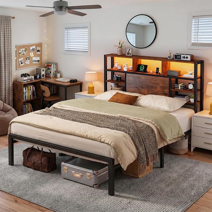 Full Size Bed Frame with Storage Headboard, LED Lights & Charging Station Heavy Duty Metal Platform Bed for Small Bedrooms, 1100 LBS Capacity, No Box Spring Needed, Easy Assembly,Vintage Brown