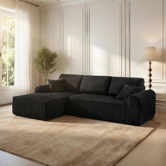 109“L-Shaped Sectional Sofa Boneless Couch Upholstery Cloud Modular Couch with Chaise No Assembly Required Corduroy Fabric Combination Deep Seat Living Room Bedroom (Black, Left Hand Facing)