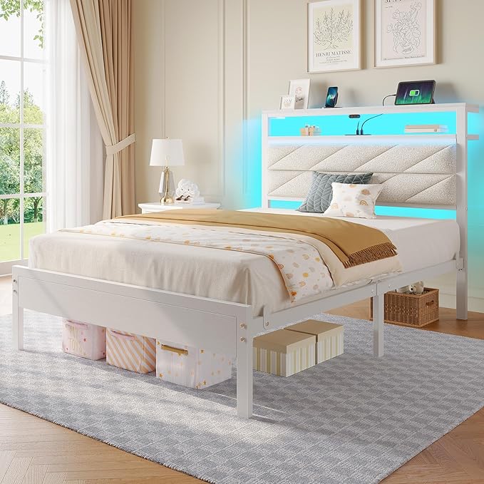 Seventable Bed Frame Twin Size with Charging Station, LED Bed with Upholstered Storage Headboard, Metal Platform Bed with Under Bed Storage, No Box Spring Needed, Noise Free, Easy Assembly, White