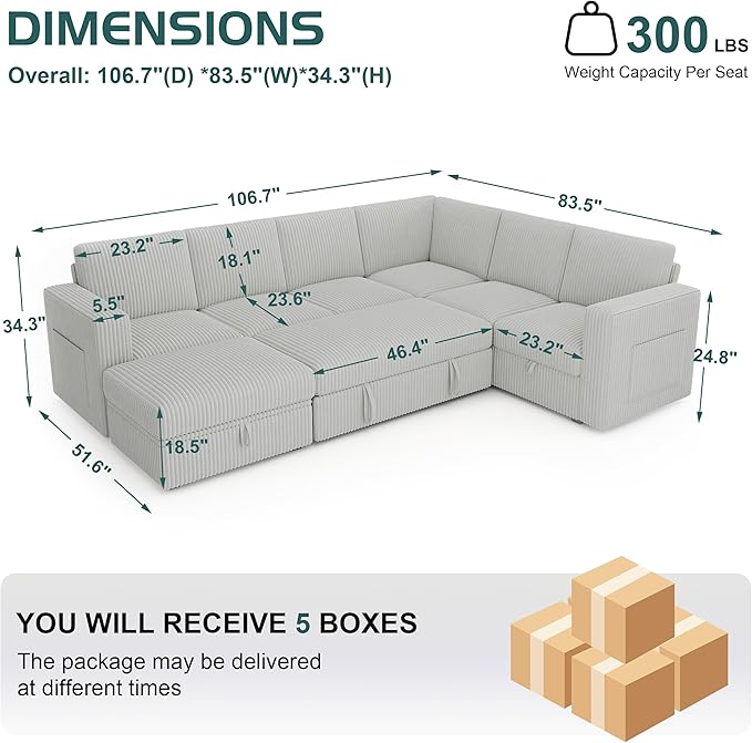 106.7" Sectional Sleeper Sofa with Pull Out Couch, Modern 7 Seat U Shaped Modular Couch, Sectionals Modular Sofa with Storage, Comfy Corduroy Couches Sectional for Living Room, Light Gray