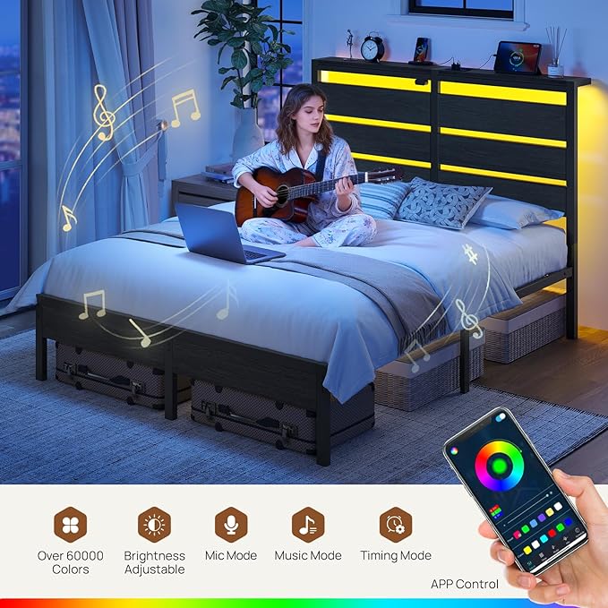Rolanstar Queen Bed Frame with LED Lights and Charging Station, Wood Storage Headboard and Under Bed Storage, Metal Platform, Noise Free, No Box Spring Needed, Balck Oak