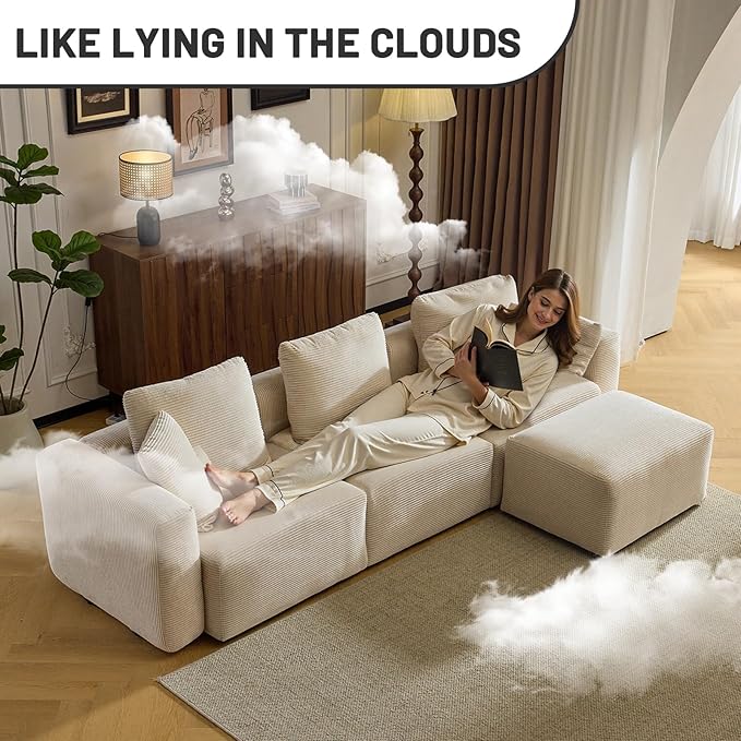Karl home Modular Cloud Couch with Ottoman 112.2" Corduroy Sectional Sofa L-Shaped Modern Sofa Couch with Pillows for Living Room, Bedroom, Apartment, Creamy