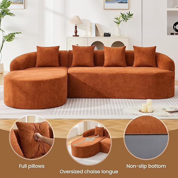 Boneless L Shaped Sofa Couch, Oversized Sectional Curved Cloud Sofa with Chaise Lounge, Chenille 4 Seats Deep Seat Couches for Living Room, No Assembly, Orange