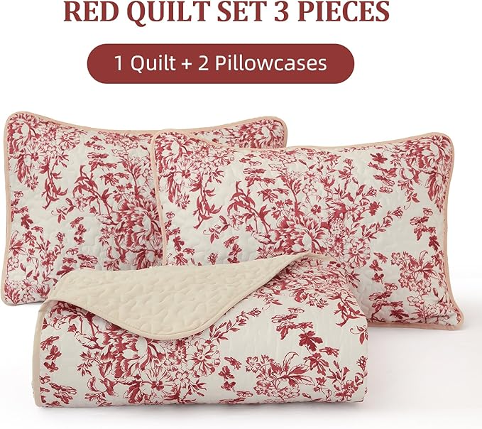 WONGS BEDDING Quilt King Size, Christmas Red Quilt Bedding Set with 2 Pillowcases, Botanical Quilt for King Bed, Soft Microfiber Lightweight Coverlet Bedspread for All Season (110"×90", 3 Pieces)