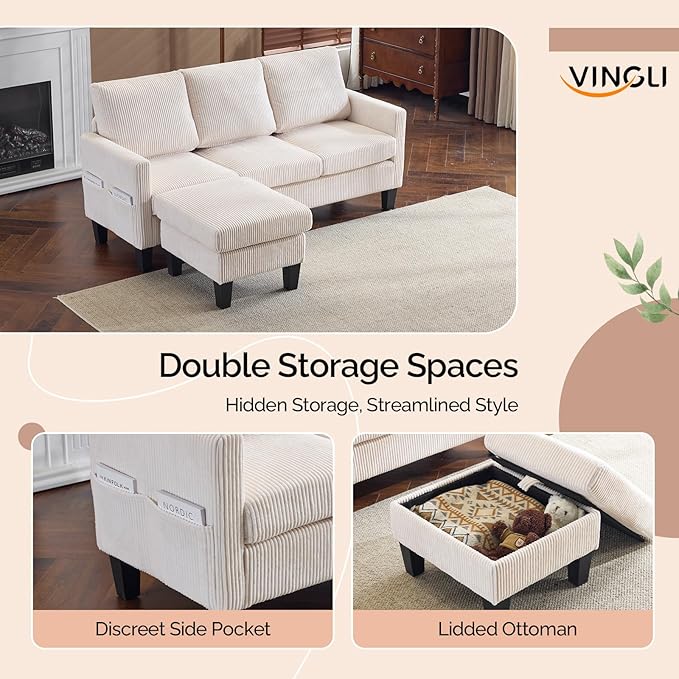 VINGLI 68.5' L Shaped Couch with Movable Storage Ottoman, Convertible Sectional Sofa in Soft Corduroy Fabric, Modern Reversible Chaise Couch for Small Spaces, Apartment, Living Room，Cream White