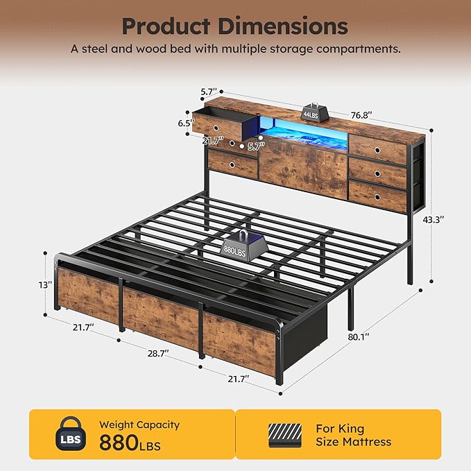 Homkdom King Size Bed Frame with 9 Fabric Storage Drawers, LED Lights & Charging Station, Metal Platform Bed Frame with Headboard Storage,No-Noise,Easy Assembly,Modern Brown