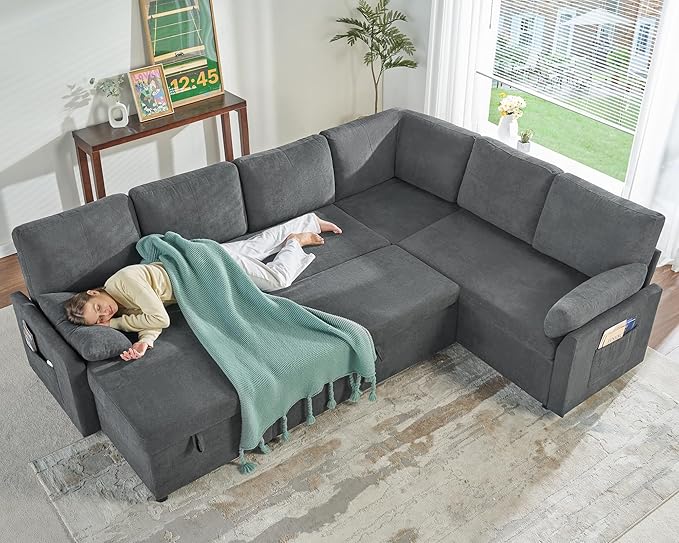 VanAcc Pull Out Sofa, 112 Inch Oversized U Shape Sleeper Sofa Couch with Storage Chaise & 3 Seater, Comfy Couch with Pull Out Bed for Living Room, Grey Linen