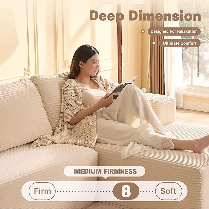 107" Boneless Couch with Deep Seat, Set of Modular Sectional Sofa, Cloud Sectional Couch for Living Room, No Assembly Required, Corduroy, L-Shape Right, White