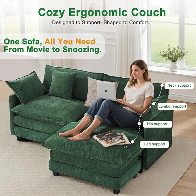 Cloud Chenille L-Shaped Sofa with Ottoman, 77" Space Saving Sectional Loveseat with Chaise, Couch for Small Spaces, Easy Assembly, 1YR Warranty