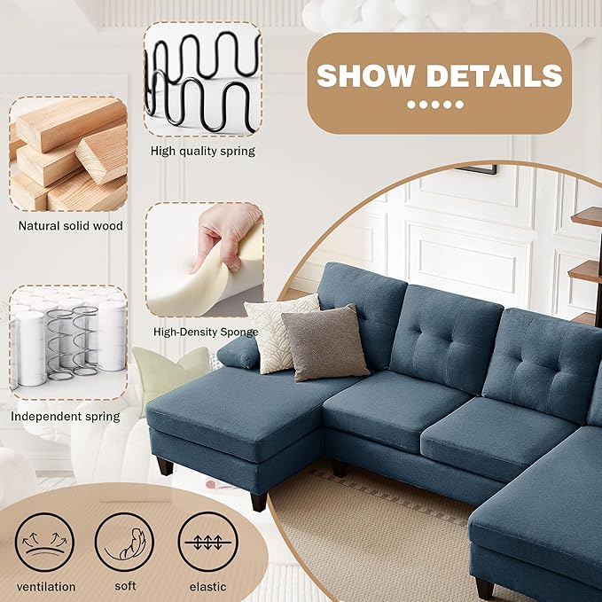 111" Sectional Couch for Living Room, Modern Polyester Fibre U Shaped Sofa Couches with Double Chaise, Upholstered 4 Seater Sofa for Living Room, Apartment, Office, Blue