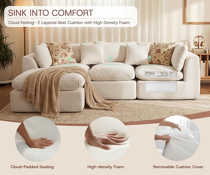 110'' Oversized Cloud Sectional Boneless Couch for Living Room, Modern Big Compressed L Shape Couch with Ottoman & 2 Throw Pillows, Chenille Deep Seat Memory Foam Spineless 4 Seater Sofa,Beige | Premium Chenille, Cloud-Like Comfort, Versatile Style, Wa...