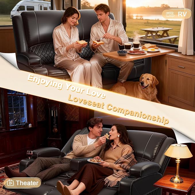 RV Loveseat Recliner Wall Hugger, Manual RV Reclining Loveseat with Removable Armrest, 3X Adjustable Theater Wall Hugger Loveseat Recliners with USB Ports, Cup Holders, Multi-Storage (PU,Brown)
