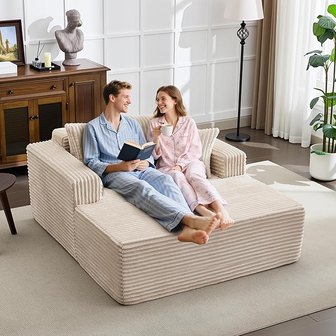 Oversized Chaise Lounge Chair Indoor 61" D x 54" W 2‑Person Comfy Cloud Boneless Couch Corduroy Foam No Assembly Required Sofa Bed with 4 Pillows & Armrests for Living Room & Bedroom