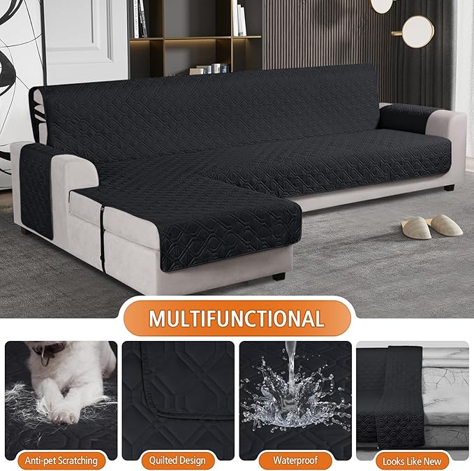 VANSOFY Upgraded Sectional Couch Covers 100% Waterproof L Shaped Sofa Slipcover Reversible Chaise Lounge Cover for Sectional Sofa Furniture Protector Cover for Pets Dog Cat(X-Large, Black)