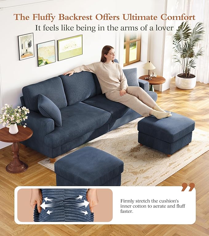 Kidirect 87in U Shaped Couch, Modular Sofa No Tool Assembly, Comfy Sectional Couches for Living Room 21in Deeper Seats, Corduroy Sofas for Living Room with 2 Pillows, Loveseat Sofa Set, Blue Couch | Comfy Corduroy, Oversized 87in Couch, 850LB Tough, To...