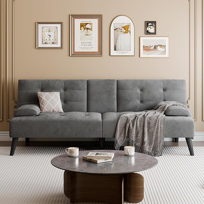 Meilocar 64" Futon Sofa Bed, Convertible Loveseat with 2 Cup Holders, Small Couch with 3 Adjustable Angles & Armrests, Sleeper Sofa for Apartment, Office, Dark Grey | small couch