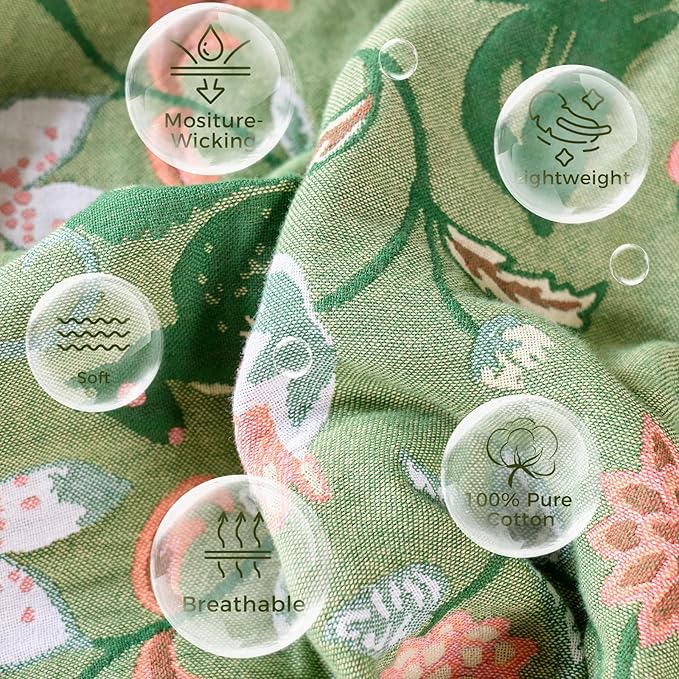 Boho Throw Blanket for Bed 100% Cotton Soft Breathable Quilt Room Decor Bed Blankets,Floral Garden Embroidery All Season Green Reversible Blankets for Sofa Couch Chair 80"x90"