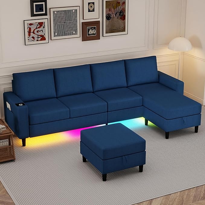 U Shaped Sectional Couches for Living Room, 109" Linen Cloud Couch with Chaise Lounge/Storage Ottoman, 4 Seat Sectional Sofa with Smart Module-Wireless Charging/USB/Type-C/RGB Lights (Blue)