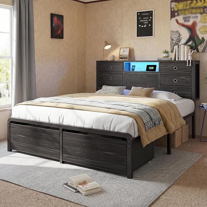 Homkdom Queen Size Bed Frame with 8 Fabric Storage Drawers, LED Lights & Charging Station, Metal Platform Bed Frame with Headboard Storage,No-Noise,Easy Assembly,Black
