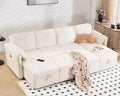 Tbfit 109'' Pull Out Sofa, Sleeper Sofa Bed with USB & 2 Storage Chaises, Comfy Oersized U Shaped Convertible Sectional Sleeper Couches for Living Room, Apartment, Office, White Sherpa