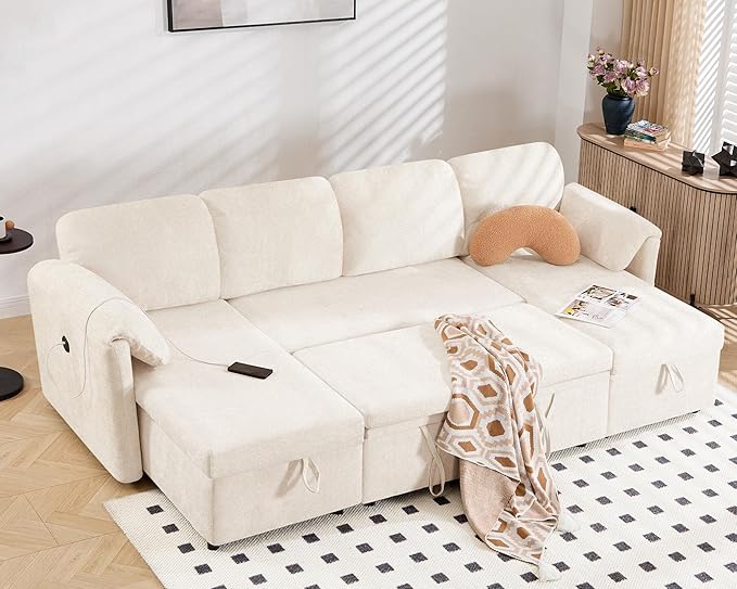 Tbfit 109'' Pull Out Sofa, Sleeper Sofa Bed with USB & 2 Storage Chaises, Comfy Oersized U Shaped Convertible Sectional Sleeper Couches for Living Room, Apartment, Office, White Sherpa