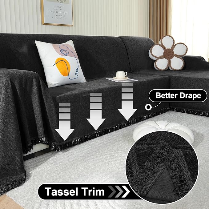 OstepDecor Sectional Couch Covers 2 Pieces, L Shaped Sofa Cover, Chenille Couch Cover for Dogs Washable, Couch Cover Blanket, Sofa Slipcover for 2-3 Cushion Couch (71"x102"+71"x118", Black)