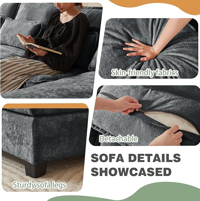 112" Modular Sectional Sofa, U Shaped Comfy Cloud Couch with Double Chaise and Padded Armrests, Modern Deep Seat Sectional Couches for Living Room, Apartment, Office, Dark Grey