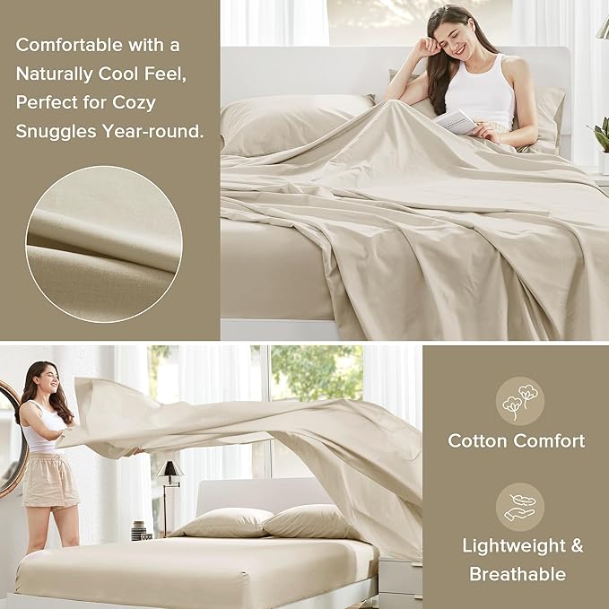 Comfort Spaces 100% Cotton Sheets Cal King, Breathable & Soft Cotton Sheets, Naturally Cool Cotton Bed Sheets with 14" Elastic Pocket Fits up to 16" Mattress, All Seasons Sheet Set, Cream 4 Piece