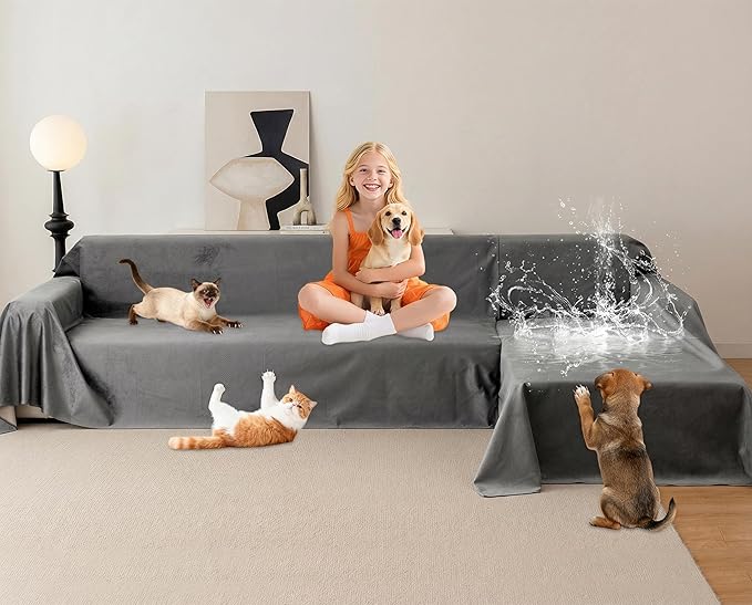 L Shaped Sectional Couch Cover 2 Pcs, Ultra Soft Waterproof Non-Slip Sofa Cover, Pet & Kid Proof Furniture Protector for Left/Right Chaise, Washable Scratch-Resistant Slipcover (XXXL118"x71"+134"x91")