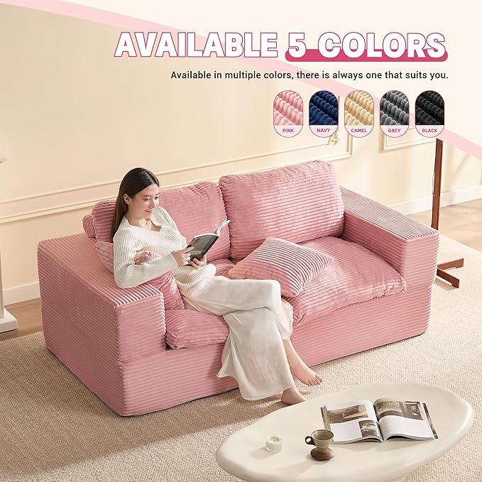 74.8” Set of Cloud Couch, Modular Loveseat Sofa, Convertible Sofas Bed, Deep Seat Sofa, Cozy Sofa for Living Room, Office and Bedroom, Corduroy, Pink
