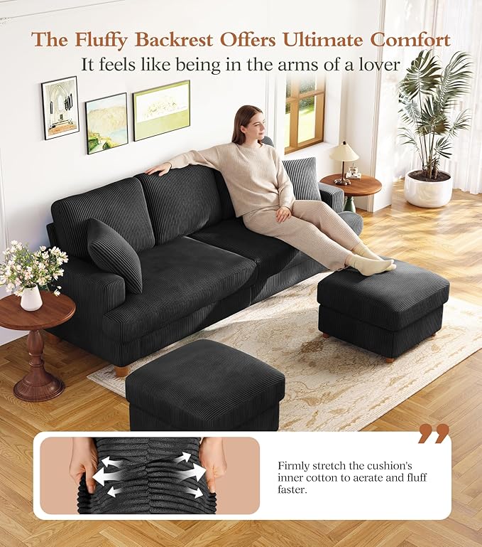 Kidirect 87in U Shaped Couch, Modular Sofa No Tool Assembly, Comfy Sectional Couches for Living Room 21in Deeper Seats, Corduroy Sofas for Living Room with 2 Pillows, Loveseat Sofa Set, Black Couch | Comfy Corduroy, Oversized 87in Couch, 850LB Tough, T...