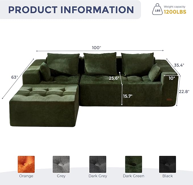 MAXYOYO Modular Sectional Sofa Couch, L Shaped Boneless Cloud Couch with Flexible Ottoman, Chenille Upholstered Living Room Sleeper Sofa Chair for Living Room, No Assembly Required, Dark Green