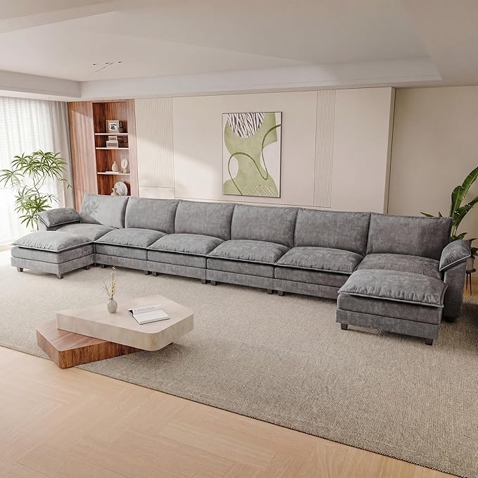 232.28'' Oversized U Shaped Couch, Modular Sectional Sofa with 2 Movable Ottoman, Chenille Cloud Couches with Double Layer Cushion, Thick Cushions Couches for Living Room (Light Grey, Oversized Sofa)