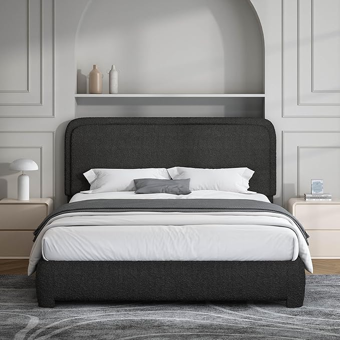 BarnFurin Full Size Bed Frame, Boucle Upholstered Platform Bed Frame with Headboard, Soft Rounded Corners, No Box Spring Required, Non-Slip and Noise-Free, Easy Assembly, Black