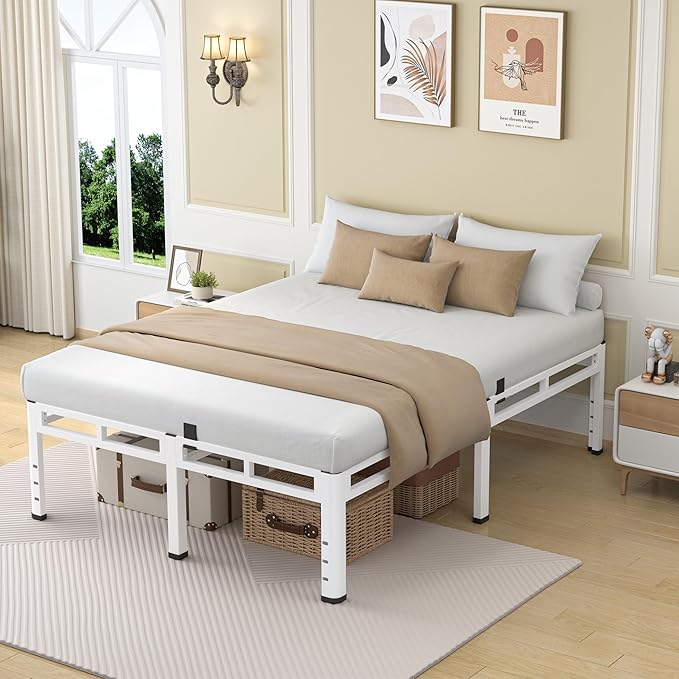 NKZ 24 Inch Full Size Bed Frame, Metal Bed Frame & Box Spring 2 in 1 Platform with Round Corner Legs, 4000Lbs Heavy Duty Metal Frame, Mattress Slide Stopper, Headboard Hole, Noise-Free, Easy Assembly
