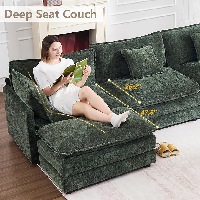 147" Modular Sectional Sofa, Oversized U Shaped Sectionals Cloud Couch, Big Comfy Couch with 2 Ottomans, 6 Seater Chenille Sectional Sofa with Deep Seat and 6 Pillows for Living Room- Green