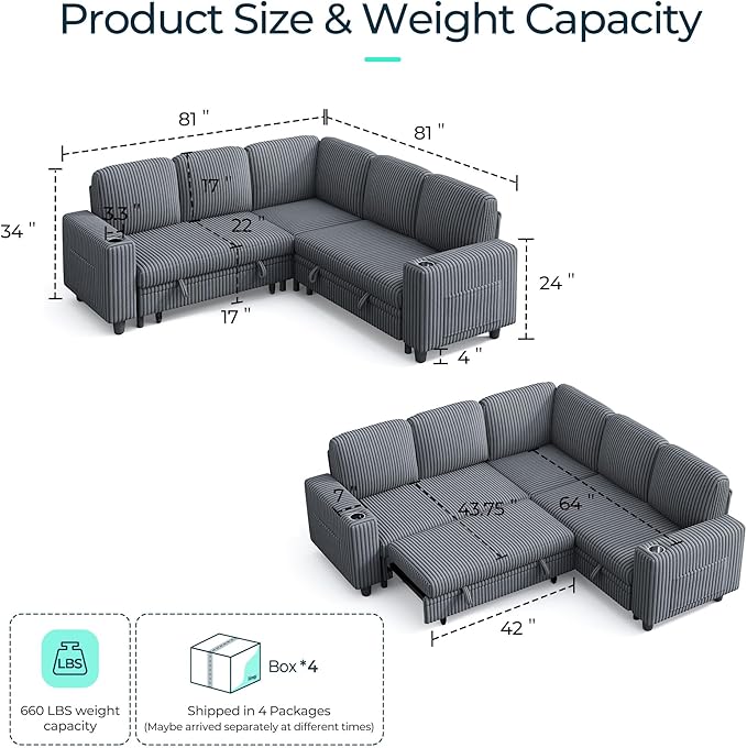 LINSY HOME Sectional Sleeper Sofa with Pull Out Couch Bed for Living Room (Grey) | Plush Corduroy, Storage Ottoman, Storage Chaise, Pull Out Couch, USB Charging