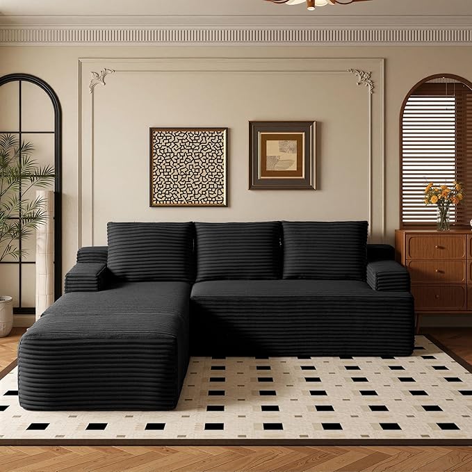 96" Sectional Couches for Living Room Cloud Couch Sofa with L-Shape Upholstered Boneless Couchs Modern Modular Sectional Couch with Chaise (Black, 96" W+Left Facing Chaise+2Seaters+Ottoman)