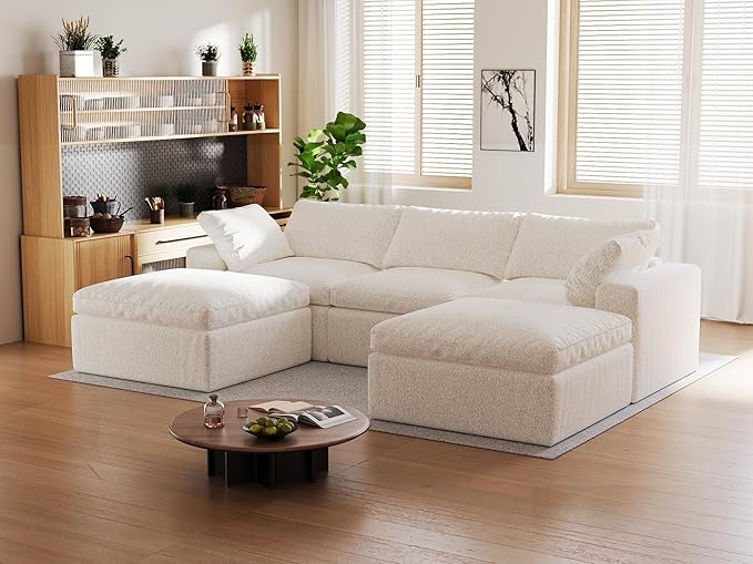 109’’ Cloud Couch for Living Room, Boneless Modular Sectional Sofa U-Shape with Ottoman Washable Cushion Cover, No Assembly Required, White (3-Seat + 2 Ottoman)
