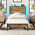 Rolanstar Twin Bed Frame with 4 Drawers, LED Lights and Charging Station, Metal Platform Bed with Storage Headboard, Noise Free, Easy Assembly, No Box Spring Needed, Rustic Brown