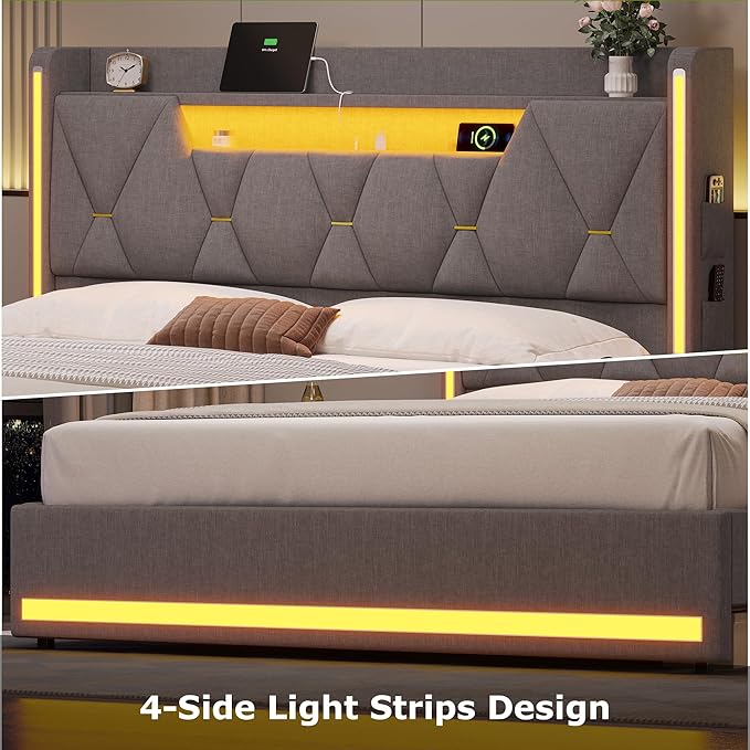 busyaeh Queen Bed Frame with Storage Headboard, Metal Bed Frame with LED Lights & Charging Station, Upholstered Queen Bed with Marshmallow Headboard, No Box Spring Needed, Easy Assembly，Dark Gray