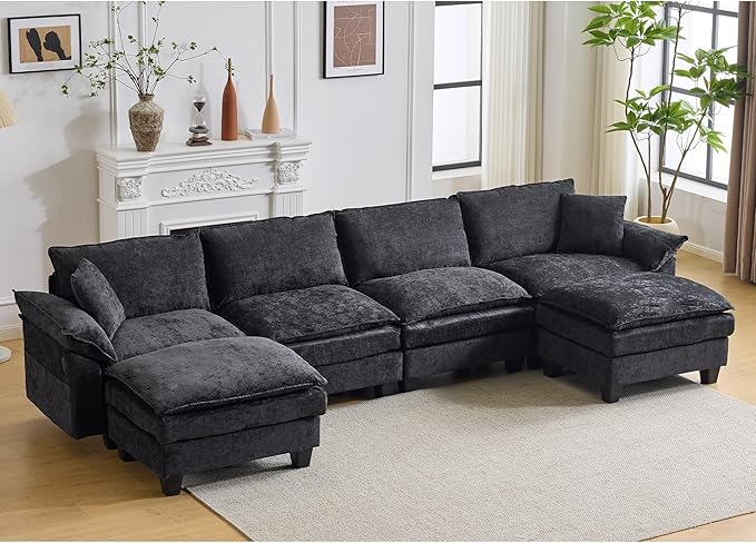 138" Modular Sectional Couch, U Shaped Comfy Cloud Couch with Ottoman and Throw Pillows, Modern Chenille Sofa Sleeper Deep Seat Sofa Couched for Living Room,Apartment(Grey)