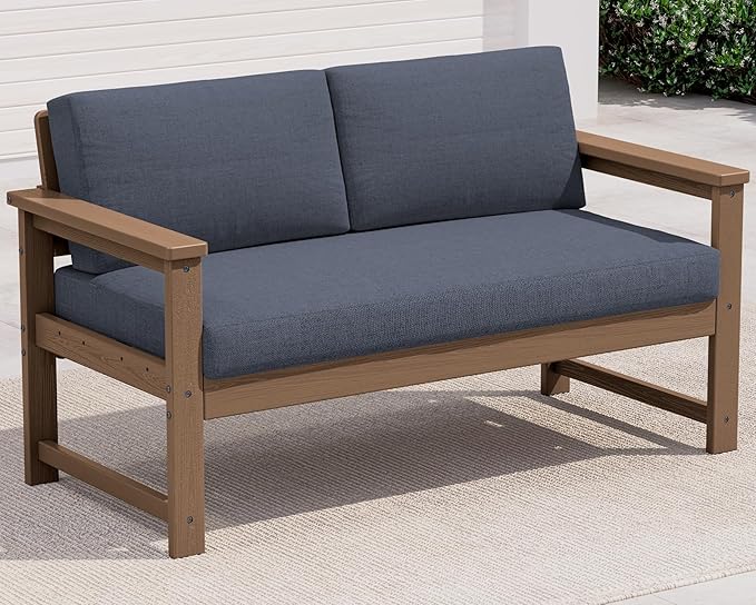 SERWALL HDPE Outdoor Loveseat with Cushions, All Weather Use Outdoor Loveseat Sofa, Brown Frame/Grey Cushion