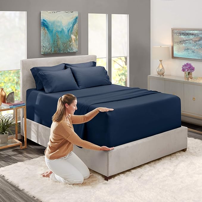 Hearth & Harbor Extra Deep Pocket Sheets - Fits Mattress 18-24 Inches Deep - Extra Deep Pocket Twin Sheets Sets - 4 Piece Twin Size - Navy Blue