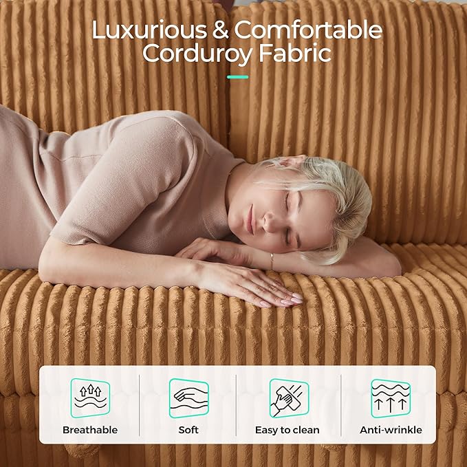 LINSY HOME Sectional Sleeper Sofa with Pull Out Couch Bed - Convertible Plush Corduroy Cloud Couches with Storage Chaise & USB Charging, Comfy Modular Couch for Living Room, Brown